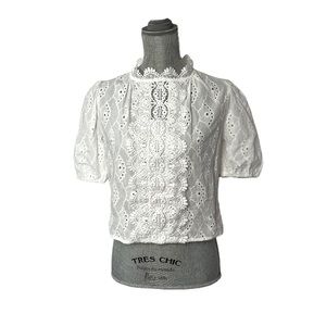 ADIVA White Eyelet High Neck Puff Sleeve Cropped Blouse S